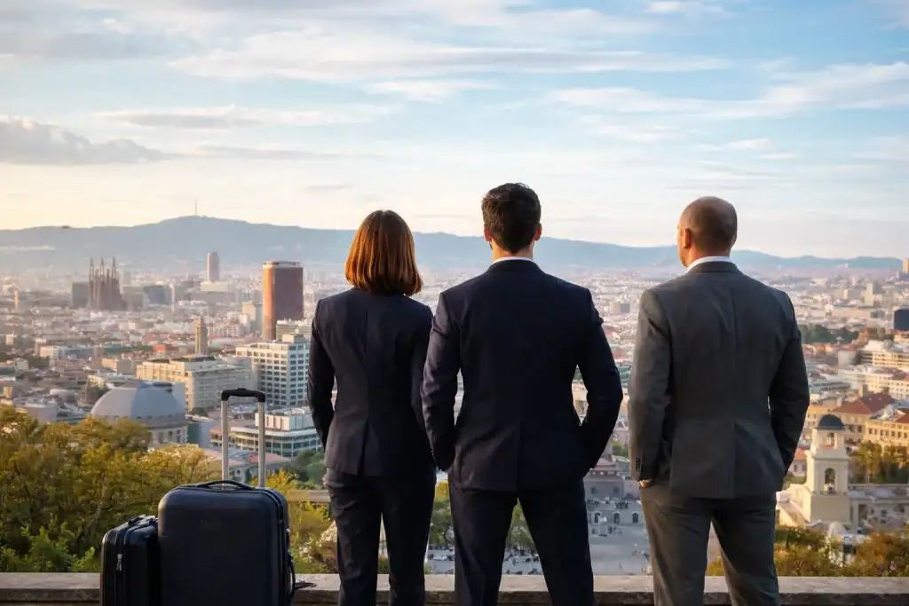 Corporate professionals overlooking Barcelona during an international relocation